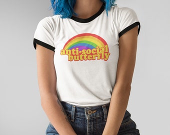 Retro Rainbow Introvert Graphic Tee | AntiSocial Shirts | Unisex Womens Plus Size | Espilane T-shirt | XS-3XL