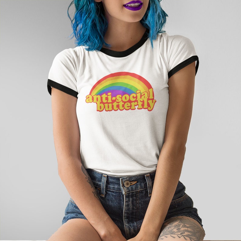 Retro Rainbow Introvert Graphic Tee AntiSocial Shirts Unisex Womens Plus Size Espilane T-shirt XS-3XL image 1