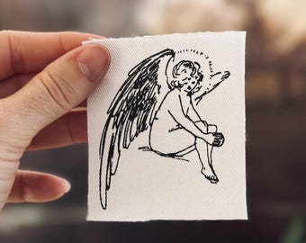 Angel Illustration Sew-On Patch | Celestial Fabric Appliqué (2.6x3")