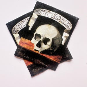 May include: Two rectangular patches with a skull design. The patches feature a skull with a banner above it that reads "HIC DECOR HEC FORM MNET HFC LEX OMNIBVS VNA". The bottom of the patch has the text "ANDREAS CA-DI-TO-B-P".