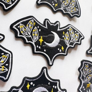 Bat Iron On Patch | Embroidered Gothic Moon & Leaves Applique | 3.5&quot;