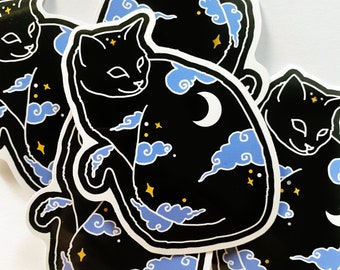 Cat Vinyl Decal Sticker | Black Celestial Cosmic Kitty Tumbler Laptop Scrapbooking Packaging EspiLane Stickers | Moon Magic | One (1) Decal