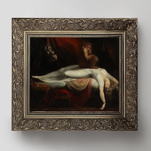 May include: A framed oil painting depicting a woman asleep in a bed with a shadowy figure standing over her. The woman is wearing a white nightgown and has long, flowing hair. The figure is wearing a dark robe and has a menacing expression on its face. The painting is set in a dark room with a red curtain in the background.