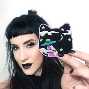 Iron On Embroidered Patch with UFO Space Cat Handmade Design by EspiLane