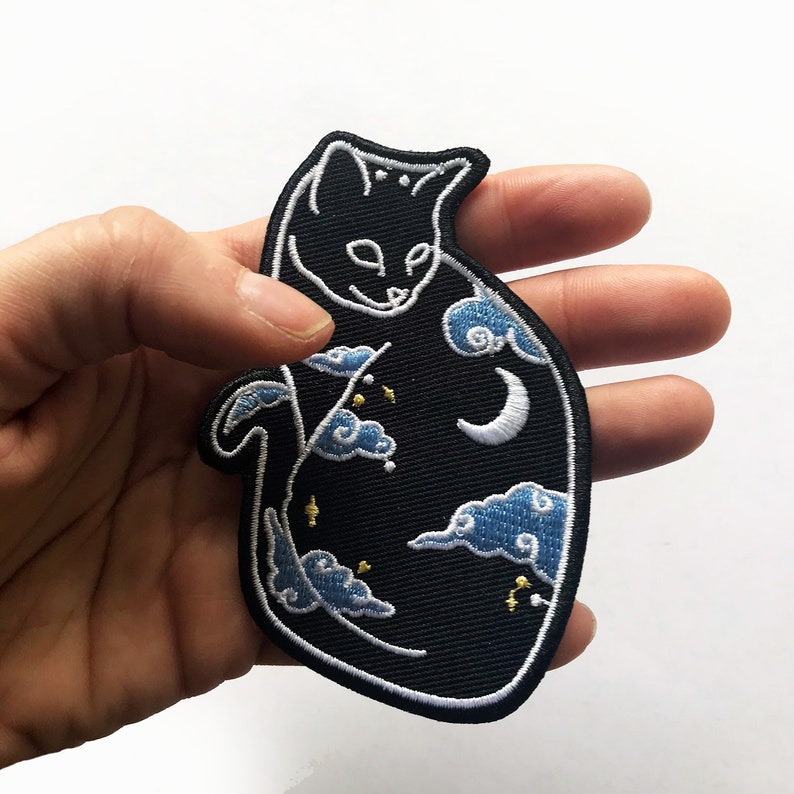 Cat Moon Patch Embroidery Iron On Pastel Goth Night Sky Nature Black Hat Backpack Jacket Patches Gift Original Espi Lane Patch image 1