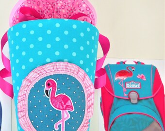 FLAMINGO school bag made of fabric later cushion for Scout Glitter derdiedas Caribbean Step by Step pink turquoise purple berry mint petrol dots flowers