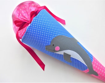 DELFIN Schultüte als Kissen aus Stoff Zuckertüte Mädchen Delphin Dolphin passend zu Schulranzen Step by Step Neon Freaky Heartbeat blau pink