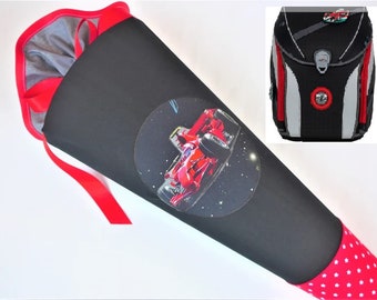 Racing car, school bag made of fabric, black, grey, red, later cushion, sugar bag, suitable for the school bag DERDIEDAS Max Speed Power, name possible