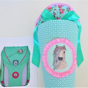 Pony mint BOHO Schultüte aus Stoff, Zuckertüte passend zum Schulranzen derdiedas Pepermint Pony, Pferd, pink, rosa, Türkis, mit Blumen