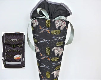 Spaceships, school bag made of fabric, suitable for the Ergobag school bag bear starch, later usable as a pillow, sugar bag black, grey, yellow