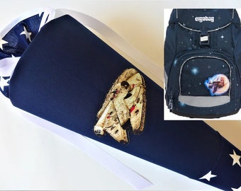 Spaceship, school bag made of fabric, dark blue, later pillow, sugar bag outer space, matching the school bag ERGOBAG KoBärnikus, name possible