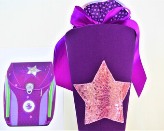 Mochila escolar STERN hecha de tela bolsa de azúcar a juego con las diedas estrellado violeta violeta brillo paso a paso estrella ergobag brillo estrella niña