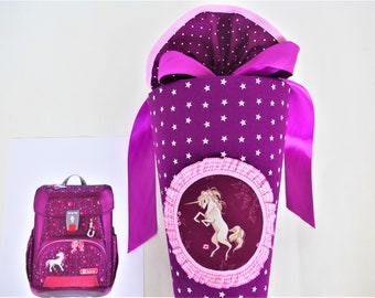 UNICORN school bag made of fabric later cushion matching the school bag Step by Step Dreamy Unicorn Nuala purple berry sugar bag horse stars