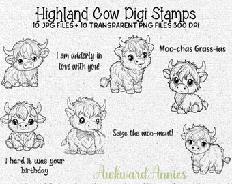 Highland Cow Clipart, Card making, Digital Stamps, Digi-stamp, Paper Crafting, Scrapbooking, Colouring images, Stickers, PNG, JPG, outlines