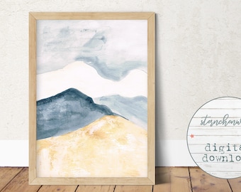 mountains printable digital download, print, painting, blue, gold, mountains, abstract, watercolor, wall art, modern, large poster, Aquarell