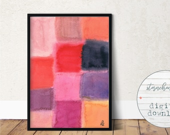 abstract squares printable digital download, print, painting, red, pink, watercolor, wall art, modern, large poster, Aquarell