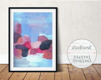 digital download, print, watercolor, large painting, blue, pink, sea, sky, abstract wall art, modern, large poster, decor