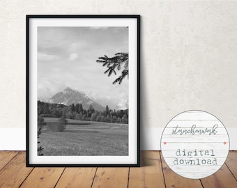 digital download, Photography, black and white, print, printable, large, wall art, Mountain, fields, landscape, foto, large art