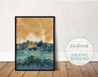 digital download, print, watercolor, large painting, green, gold, landscape, forest, abstract wall art, modern, large poster, printable