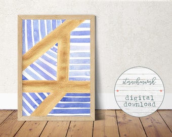 digital download print, watercolor, large painting, blue, gold, geometric, abstract wall art, modern, large poster, stripes