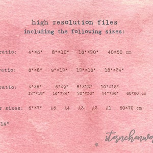 May include: A pink background with text detailing high-resolution file sizes, including ratios like 4x5, 3x4, and 2x3, alongside paper sizes such as A5, A4, and A3. Sizes are listed in inches and cm.