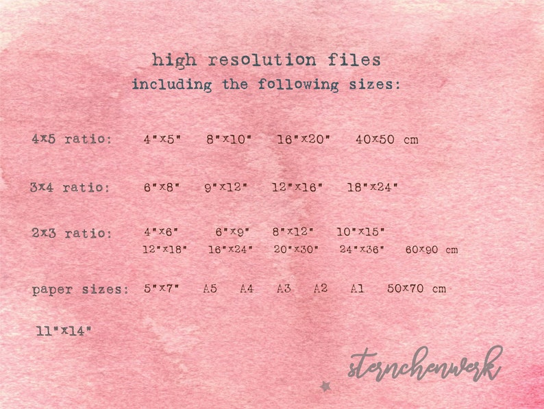 May include: A pink background with text detailing high-resolution file sizes, including ratios like 4x5, 3x4, and 2x3, alongside paper sizes such as A5, A4, and A3. Sizes are listed in inches and cm.