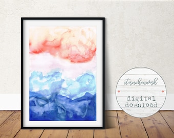 digital download, print, watercolor, large painting, blue, coral, sea, sky, abstract wall art, modern, large poster, pink, decor