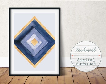 digital download print, watercolor, large painting, blue, gold, geometric, abstract wall art, modern, large poster, decor