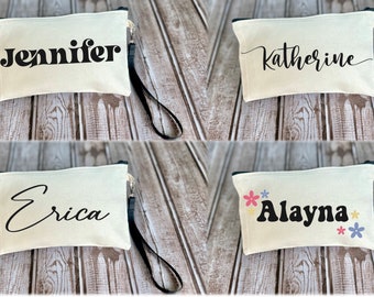 Personalized Canvas Makeup Bag, Bridesmaid Gift with Wristlet