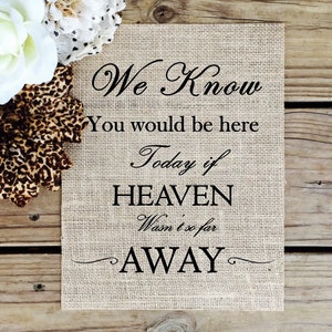 Wedding Sign - We Know you would be here today if heaven weren't so far away - Burlap Print 8" x 10" real burlap fabric Wedding Sign