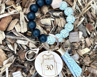 Personalized Volleyball Keychain, Wood Charm, Silicone Bead Wristlet