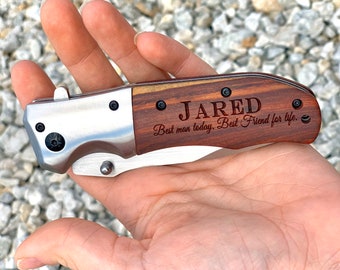 Personalized Pocket Knife, Engraved Wood Handle, Groomsmen Gift