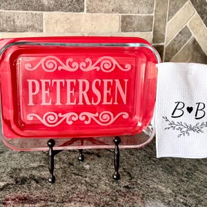 Personalized Baking Dish and Kitchen Towel Gift Set, Etched Glass Bakeware