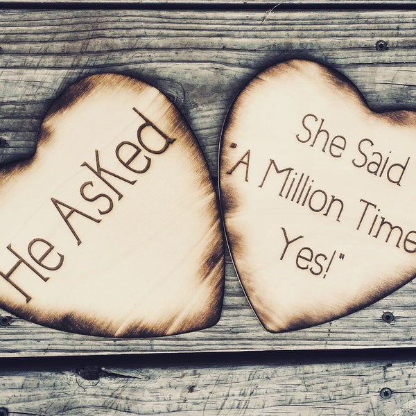 He Asked She Said A Million times yes! Wood Hearts Set of 2 Photo Props, Engagement Photos, Engagement photo shoot prop, Photoprop