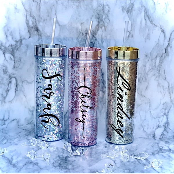 Personlig glittermugg, isolerad mugg med namn och sugrör