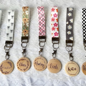 Personalized Canvas Wristlet Keychain, Engraved Wood Disc, Bronze Clasp