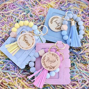 Personalized Silicone Beaded Wristlet Keychain, Engraved Wood Pendant, Easter Gift