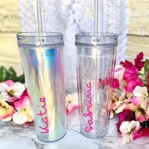 Custom reusable water cup with straw, White island tumbler cup, Vacation Cups, Villa tumbler, pink love tropical island cup, water cup