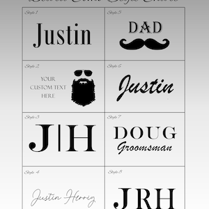 May include: A chart showing eight different styles for beard combs. The styles include names, initials, and a mustache. The chart is on a gray background.