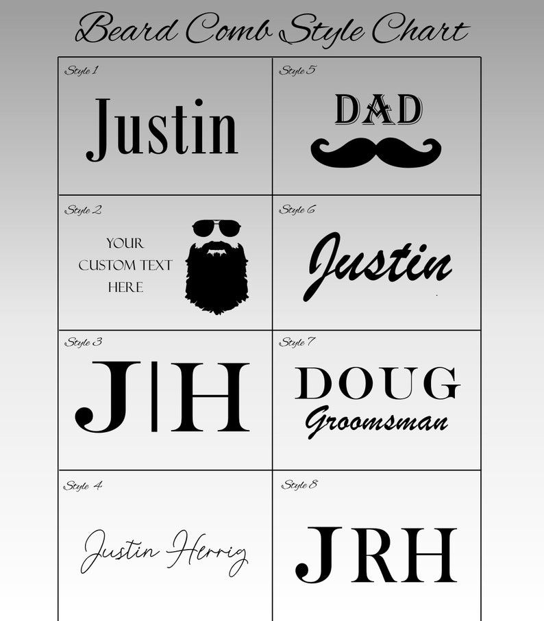 May include: A chart showing eight different styles for beard combs. The styles include names, initials, and a mustache. The chart is on a gray background.