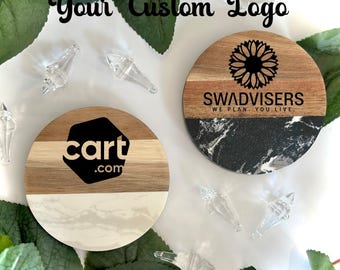 Company Gift, Corporate Promotional Item, Engraved Marble Wood Coasters with your company graphic