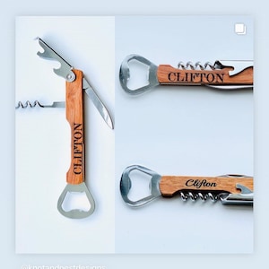 May include: A wooden bottle opener with a corkscrew and a small knife. The handle is engraved with the name "Clifton".