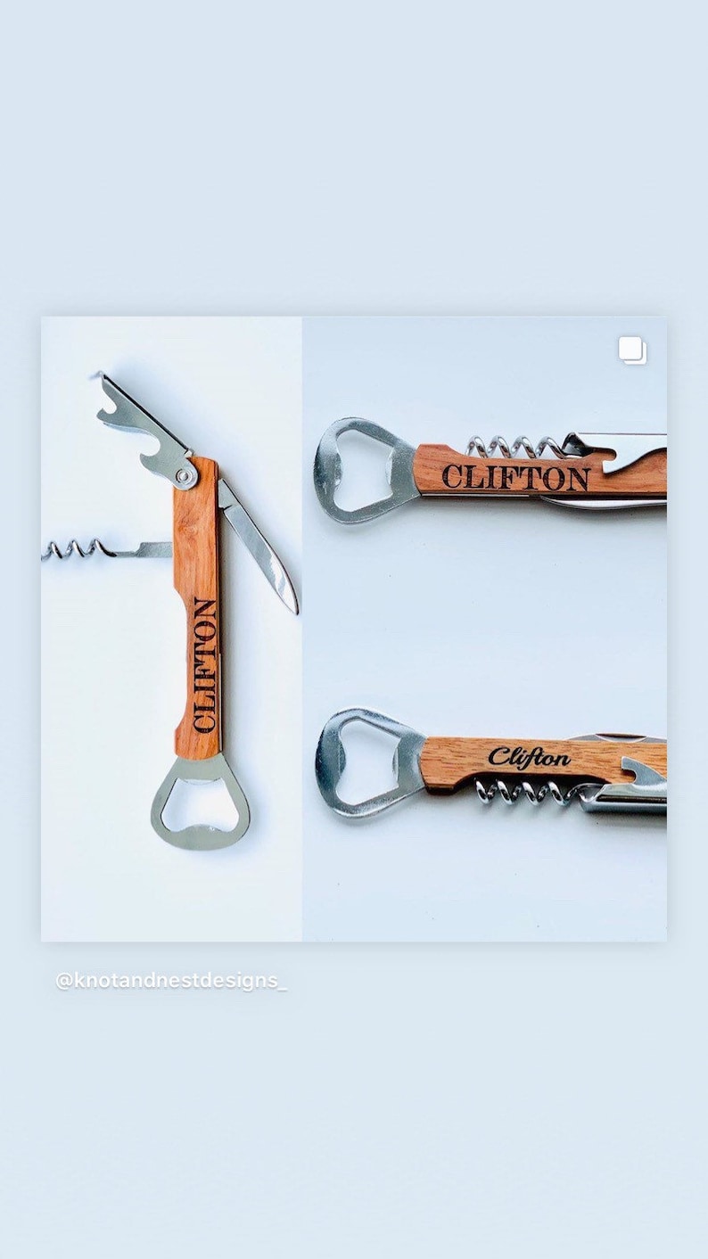 May include: A wooden bottle opener with a corkscrew and a small knife. The handle is engraved with the name "Clifton".