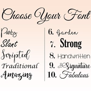 May include: A graphic with the text "Choose Your Font" in elegant script. Below, ten font options are listed, including "Party," "Slant," "Scripted," "Traditional," "Amazing," "Garden," "Strong," "Handwritten," "Signature," and "Fabulous."