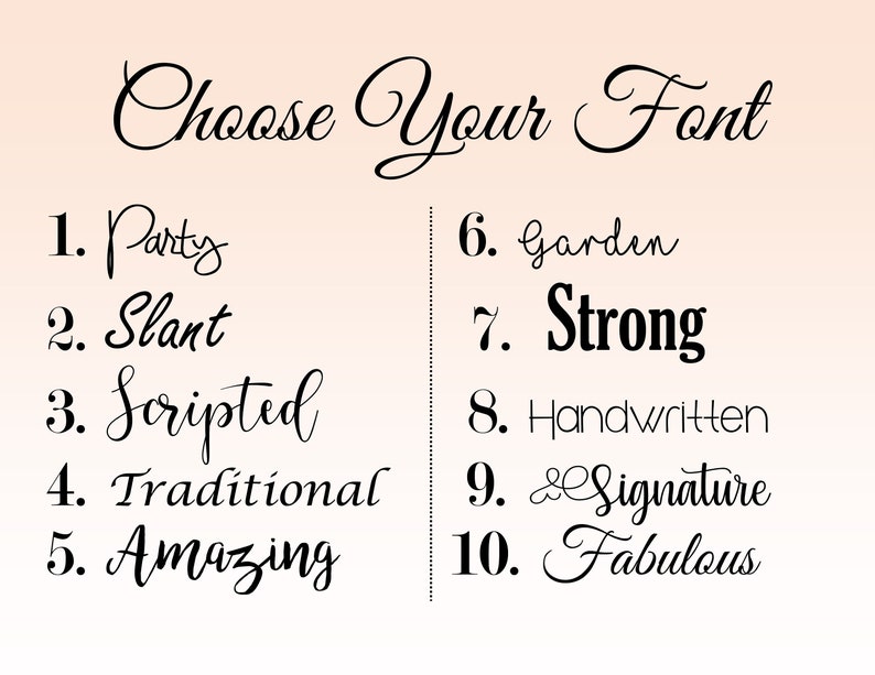 May include: A graphic with the text "Choose Your Font" in elegant script. Below, ten font options are listed, including "Party," "Slant," "Scripted," "Traditional," "Amazing," "Garden," "Strong," "Handwritten," "Signature," and "Fabulous."