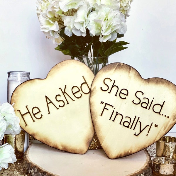 He Asked She Said finally Wood Hearts Set of 2 Photo Props, Engagement Photos He Asked She Said finally engagement photos prop