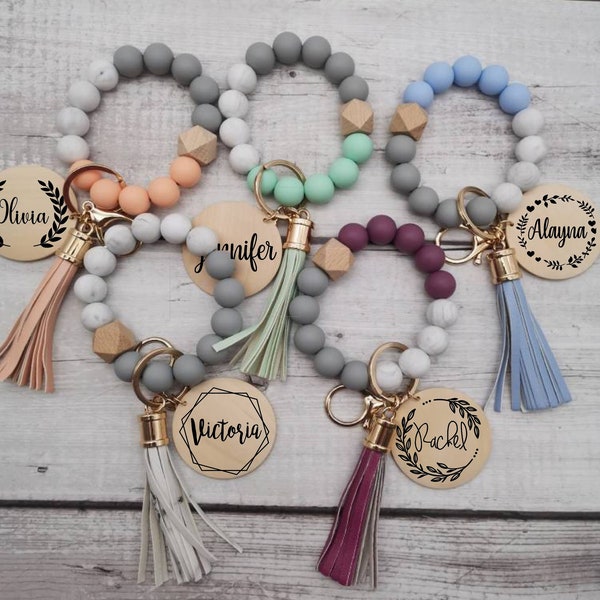Custom Silicone Beaded Wristlet Keychain, Wood Pendant