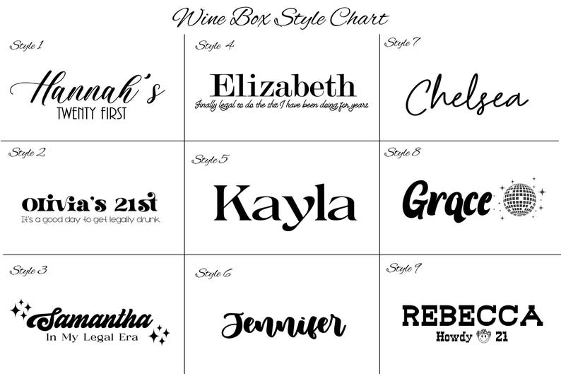 K&ouml;nnte beinhalten: Ein Diagramm mit neun verschiedenen Stilen f&uuml;r personalisierte Weinkisten. Jeder Stil zeigt eine andere Schriftart und ein anderes Design, mit Beispielen f&uuml;r Namen wie "Hannah's", "Olivia's 21st" und "Rebecca Howdy 21".