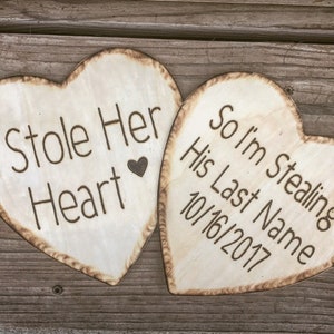 I stole her heart so Im stealing his last name  Wood Hearts Set of 2 Photo Props, Engagement Photos, engagement or save the date Photoprop