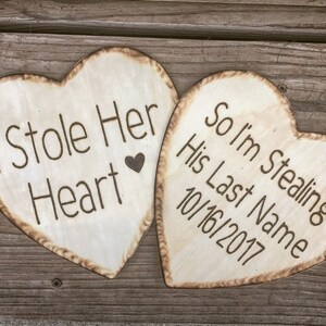 I stole her heart so Im stealing his last name  Wood Hearts Set of 2 Photo Props, Engagement Photos, engagement or save the date Photoprop